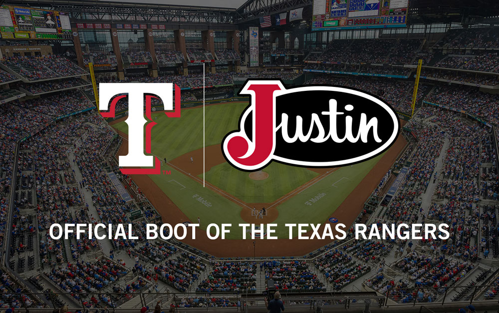 Official Boot of the Texas Rangers. A lock-up logo of Justin’s logo and The Texas Rangers logo with the words “Official Boots of the Texas Rangers” with a picture of Globe Life Field in the background.